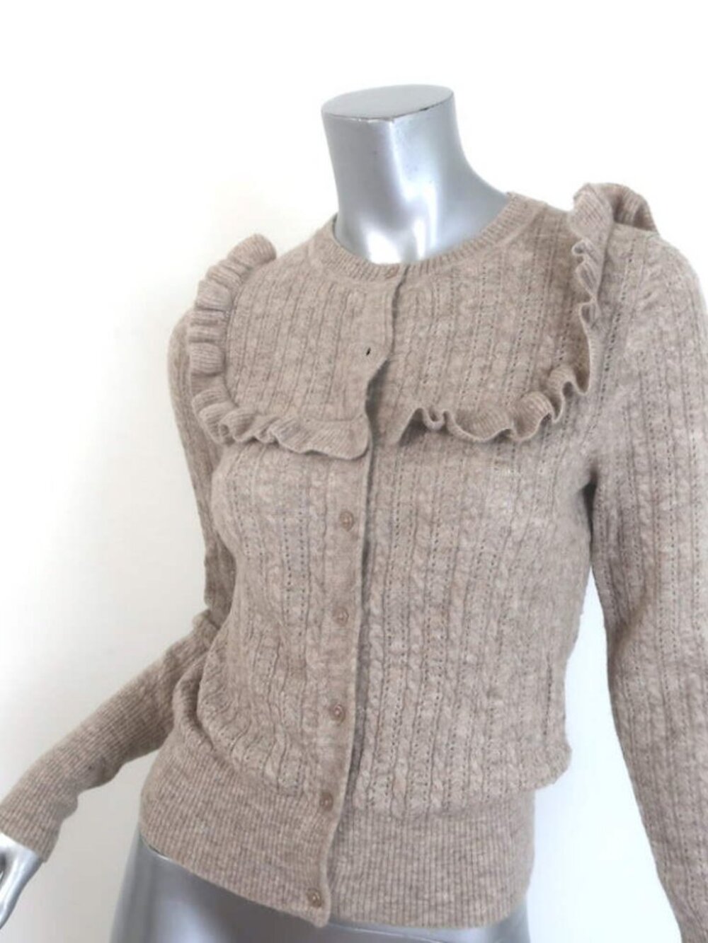 Doen Altheda Ruffled Pointelle Cardigan Oatmeal Alpaca-Wool Size Extra Small - Picture 3 of 8
